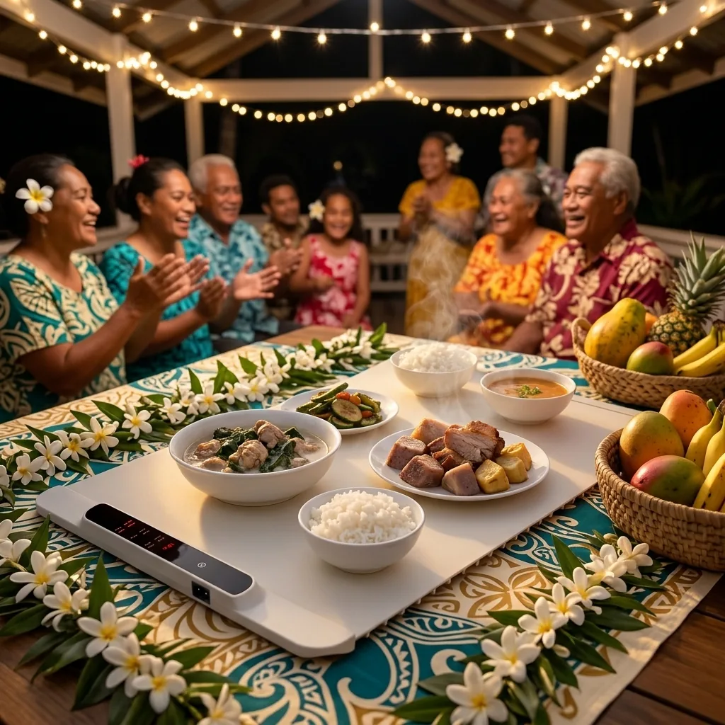 Fête polynésienne en famille, plats chauds sur le support chauffant