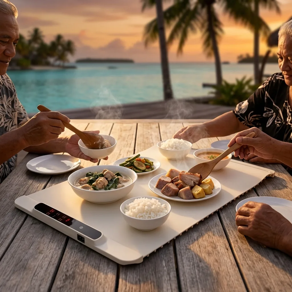 Repas en famille face au lagon de Tahiti, plats chauds posés sur le support chauffant