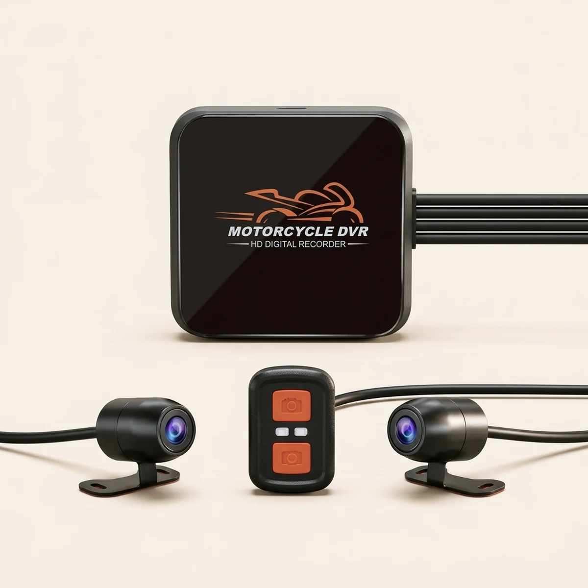 Dashcam moto avec boîtier, deux caméras et commande au guidon