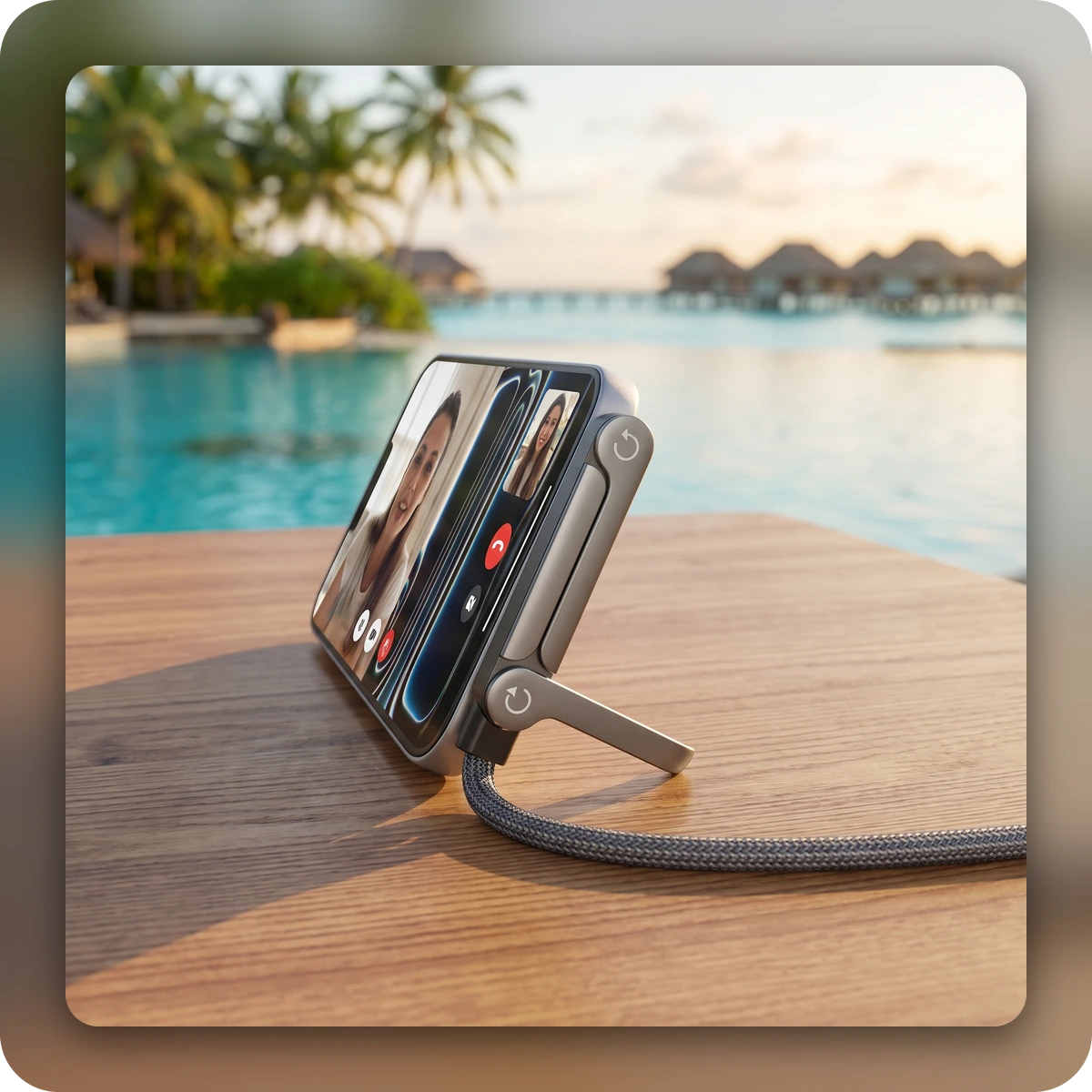 Téléphone posé sur le support du câble, au bord du lagon