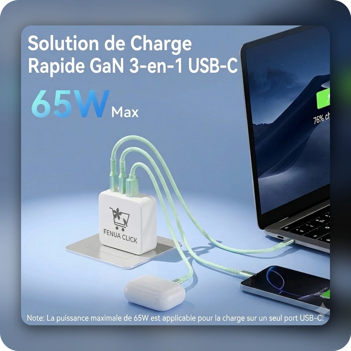 Chargeur GaN rechargeant un ordinateur, un téléphone et des écouteurs