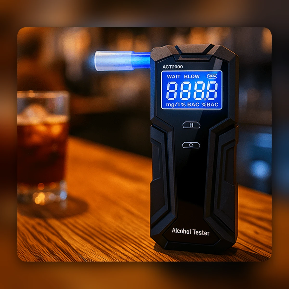 Éthylotest électronique posé sur un comptoir à côté d'un verre