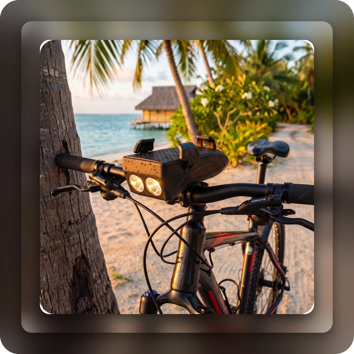 Vélo équipé du phare 4 en 1 près de la plage