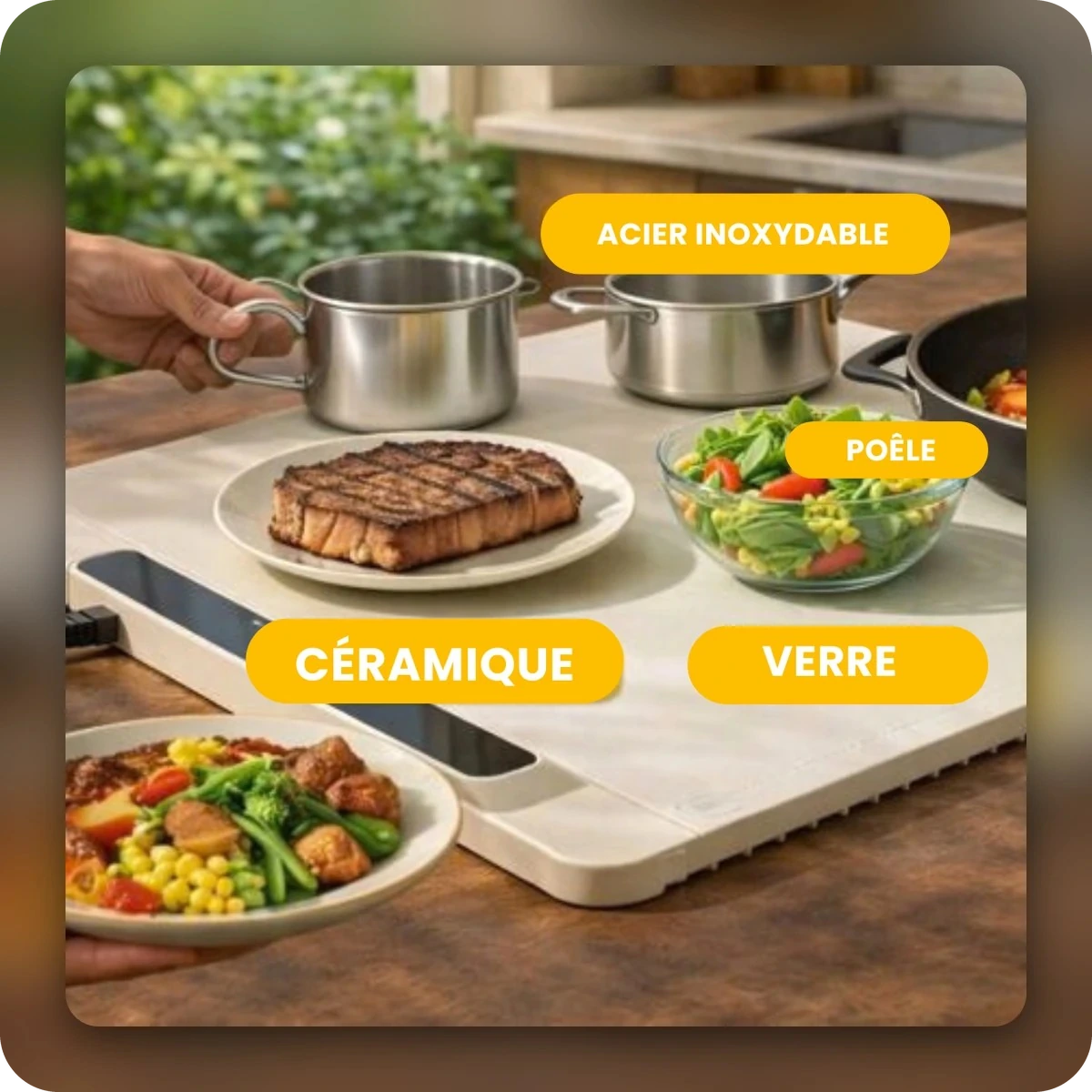 Plats en céramique, verre et inox sur le support chauffant
