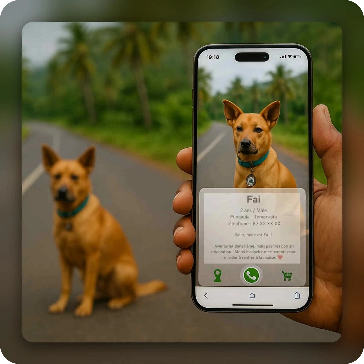 Fiche d'un chien affichée sur un téléphone après le scan du médaillon