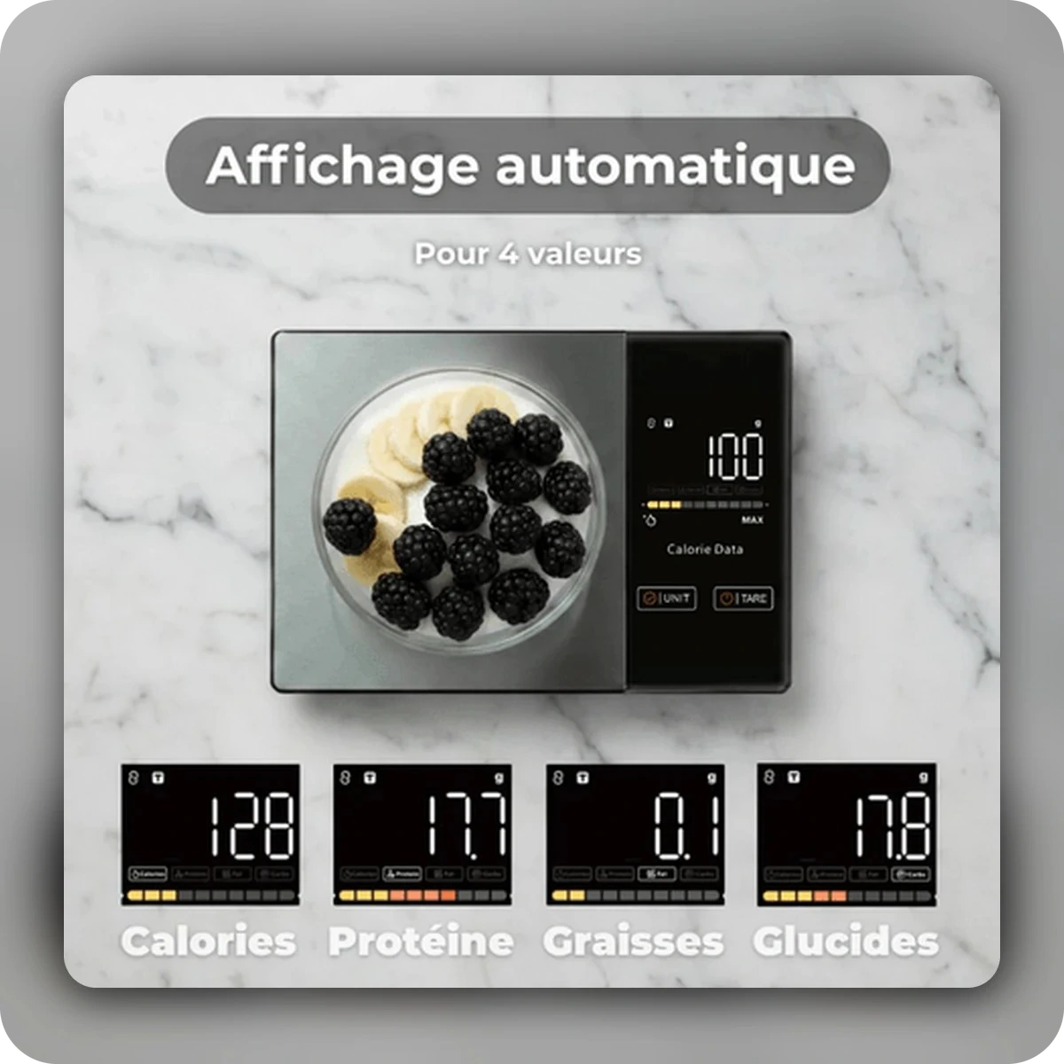 Affichage des calories et nutriments sur la balance