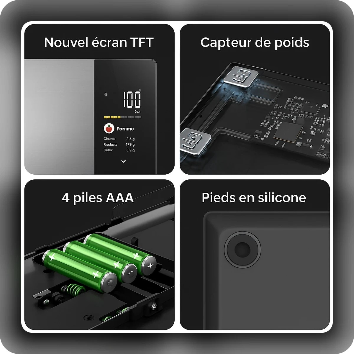 Écran, capteur de poids, piles et pieds en silicone de la balance