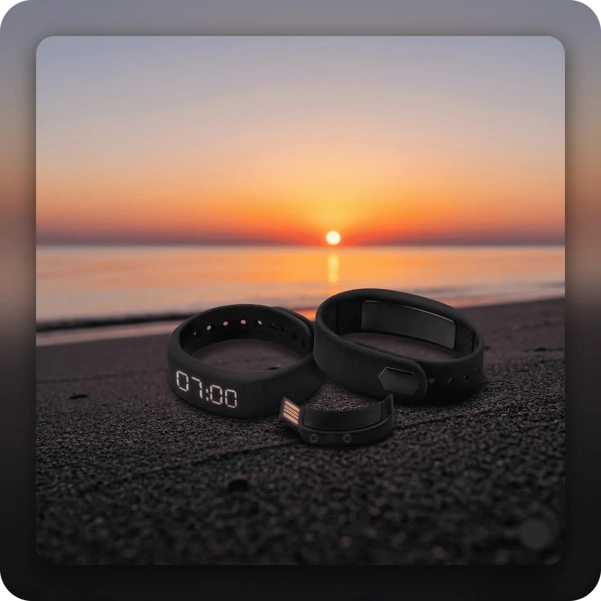Bracelets digitaux posés sur une plage au coucher du soleil