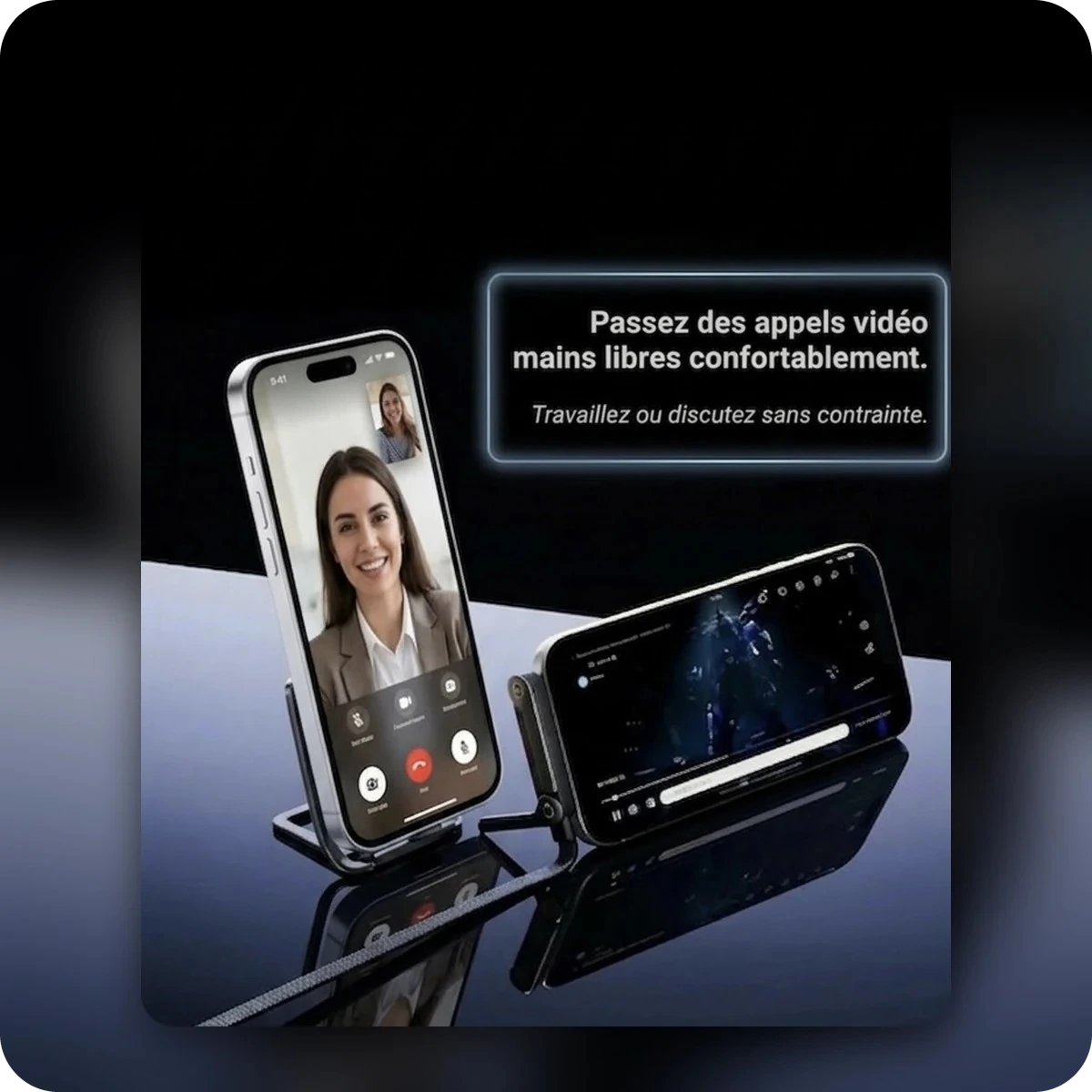 Appel vidéo avec le téléphone posé sur le support du câble