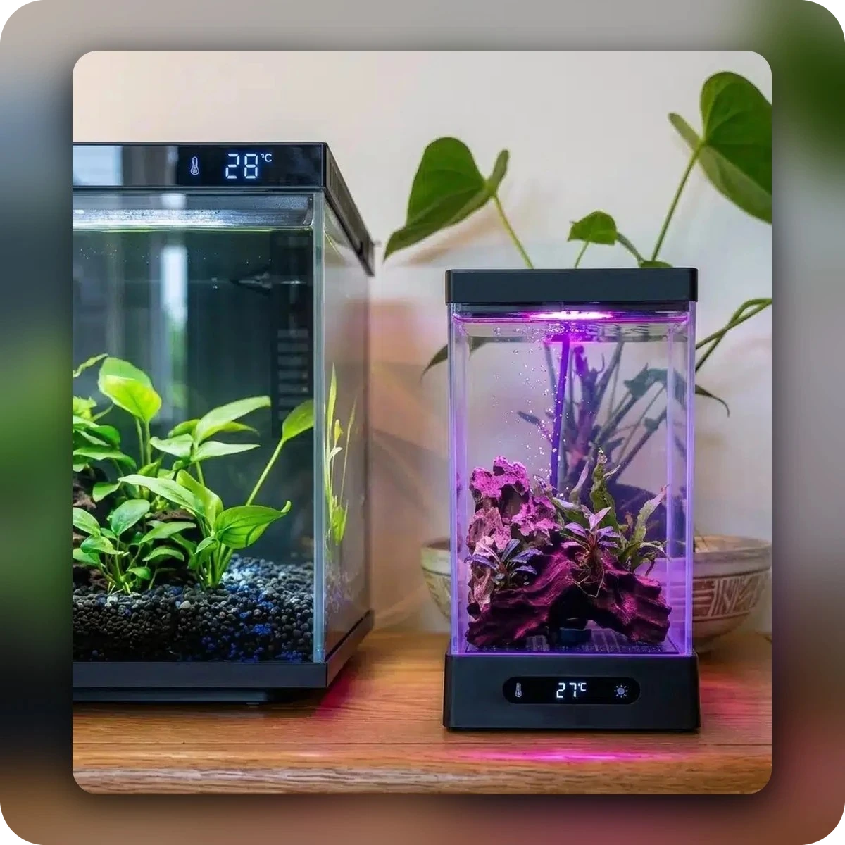 Deux nano aquariums, noir et blanc, avec plantes