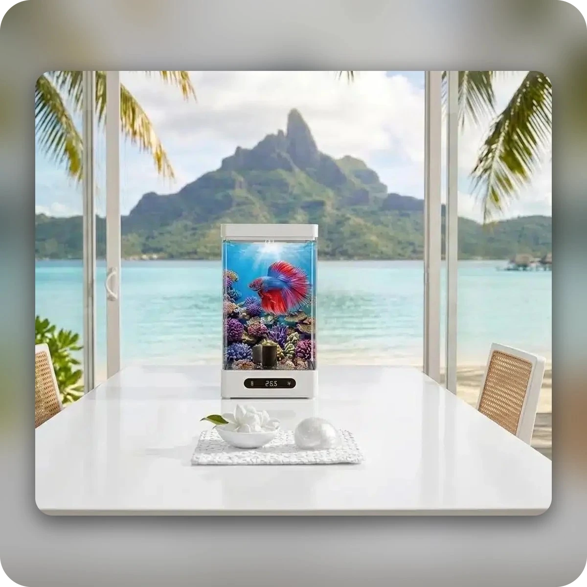 Nano aquarium posé dans un salon face au lagon