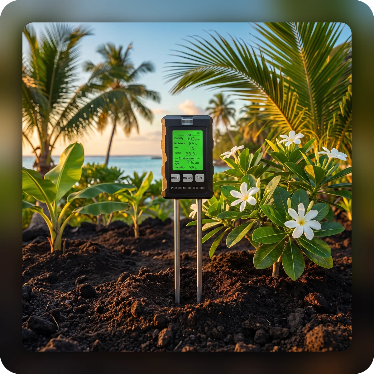 Testeur de sol planté dans un jardin tropical