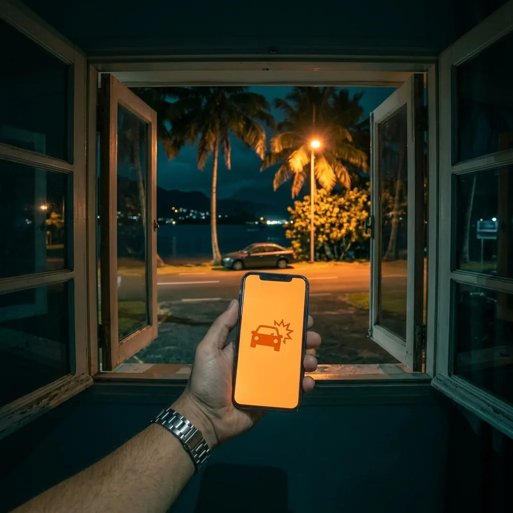 Alerte de choc reçue à la maison sur le téléphone, voiture garée de nuit dans une rue de Tahiti