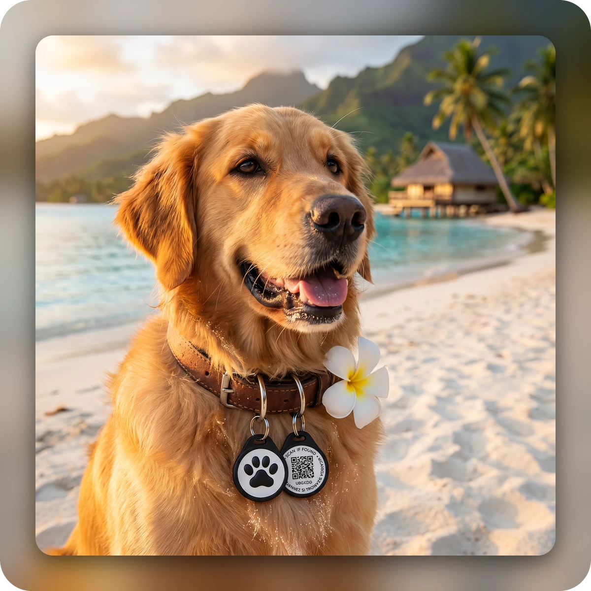 Chien portant le médaillon QR sur une plage