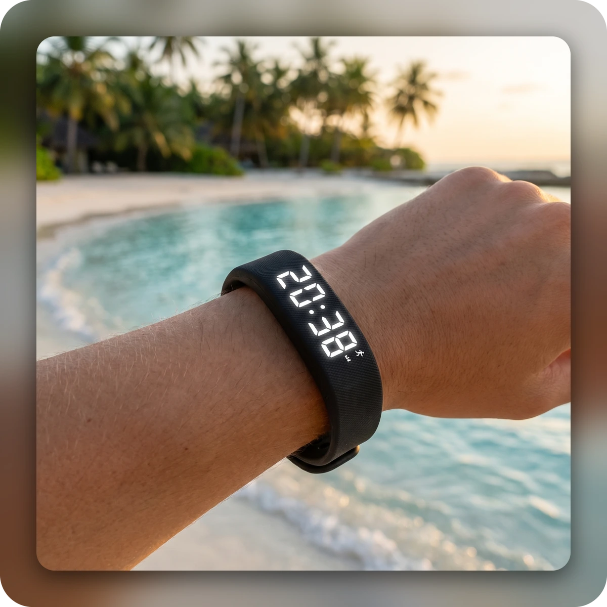 Bracelet digital porté au bord du lagon