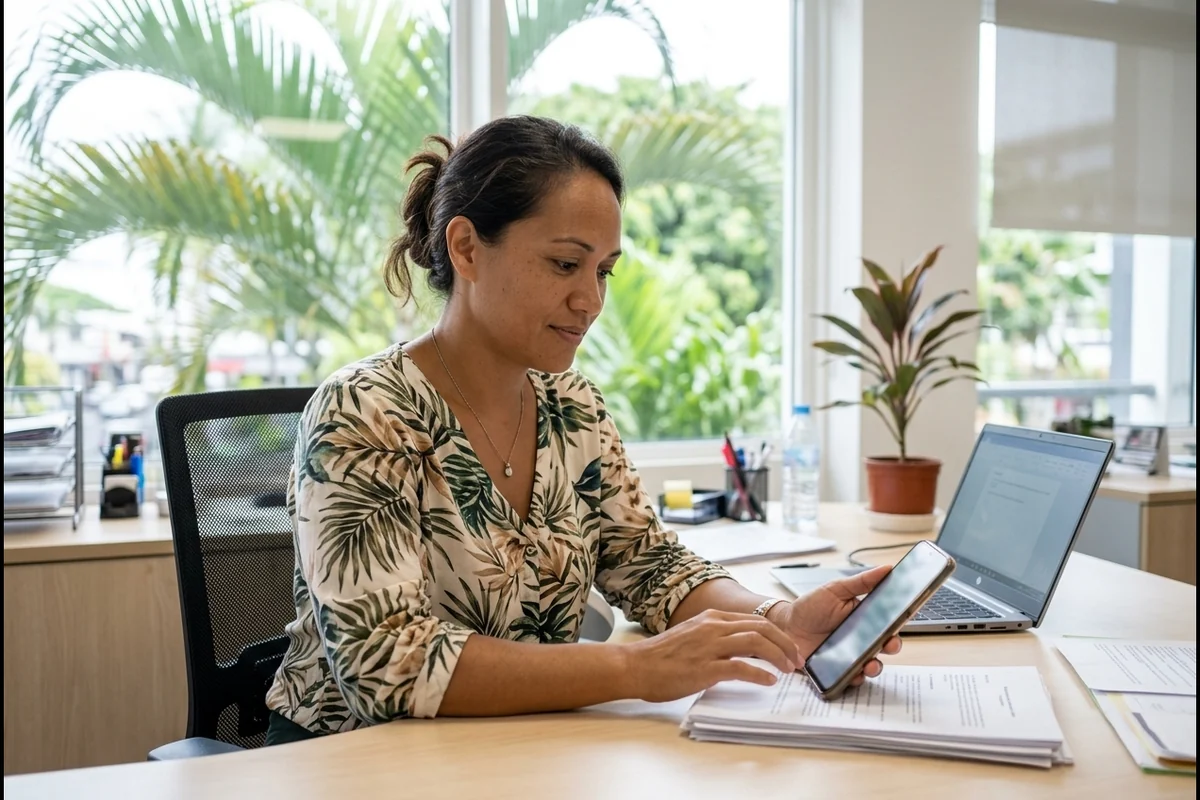 Femme à son bureau qui reçoit une alerte du bracelet de son parent sur son téléphone