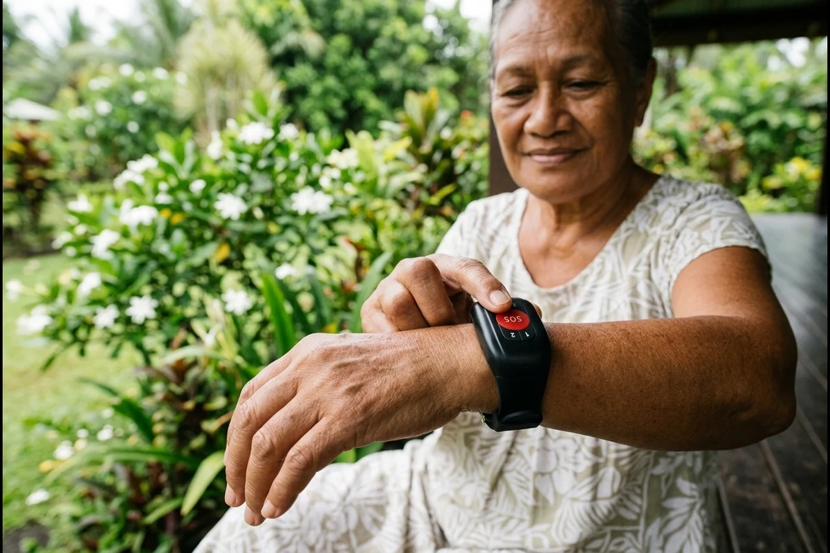 Grand mère polynésienne qui appuie sur le bouton SOS de son bracelet GPS
