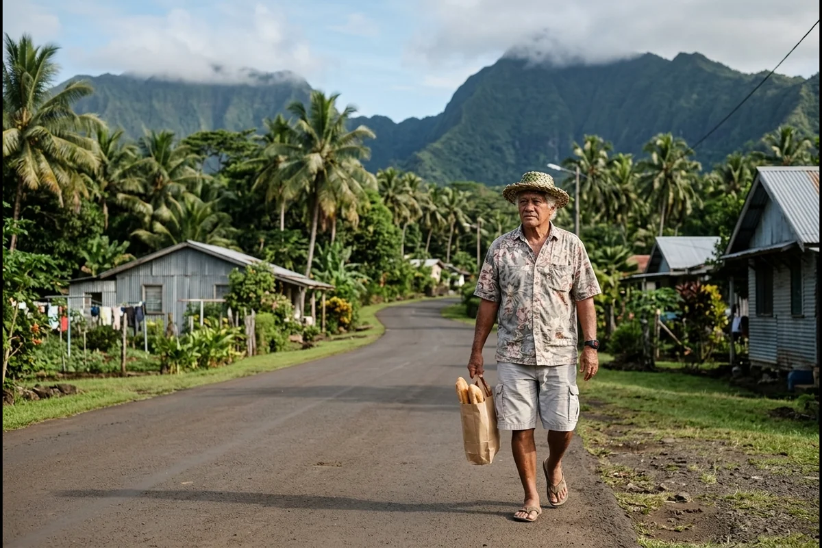 Grand père qui marche sur une route de district à Tahiti avec son bracelet GPS au poignet