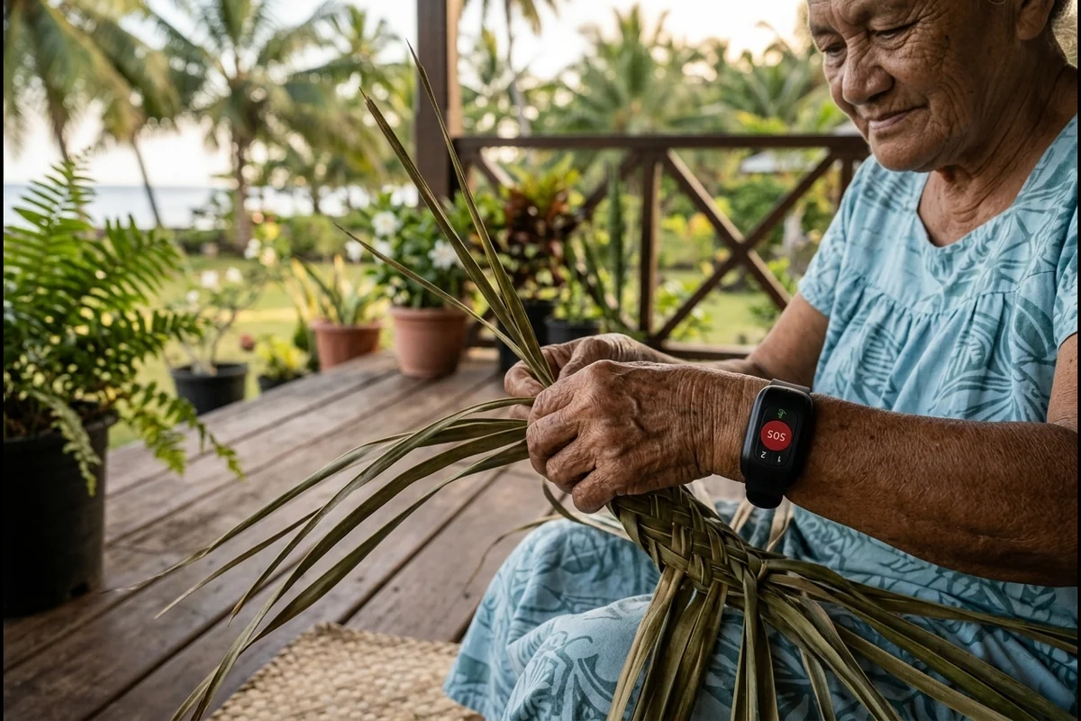 Grand mère qui tresse du pandanus, avec son bracelet SOS sans écran au poignet