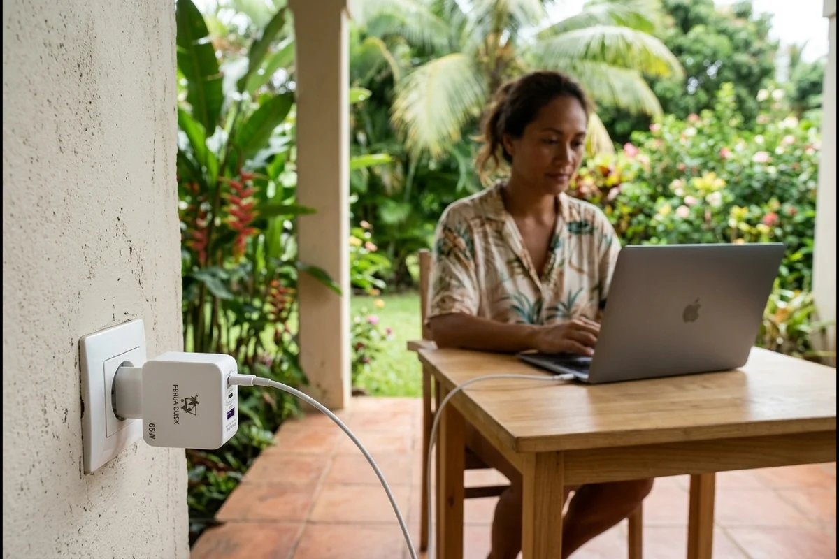 Chargeur GaN 65 W branché sur une terrasse, qui recharge un ordinateur portable