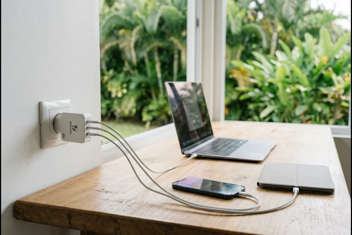 Chargeur GaN 65 W Fenua Click qui recharge un ordinateur, un téléphone et une tablette depuis une seule prise