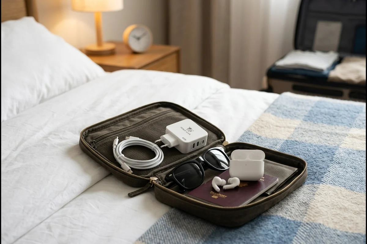 Chargeur GaN 65 W compact rangé dans une trousse de voyage