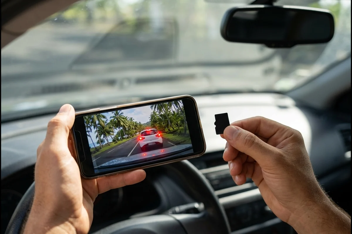 Vidéo de la dashcam lue sur un téléphone, avec la carte microSD fournie