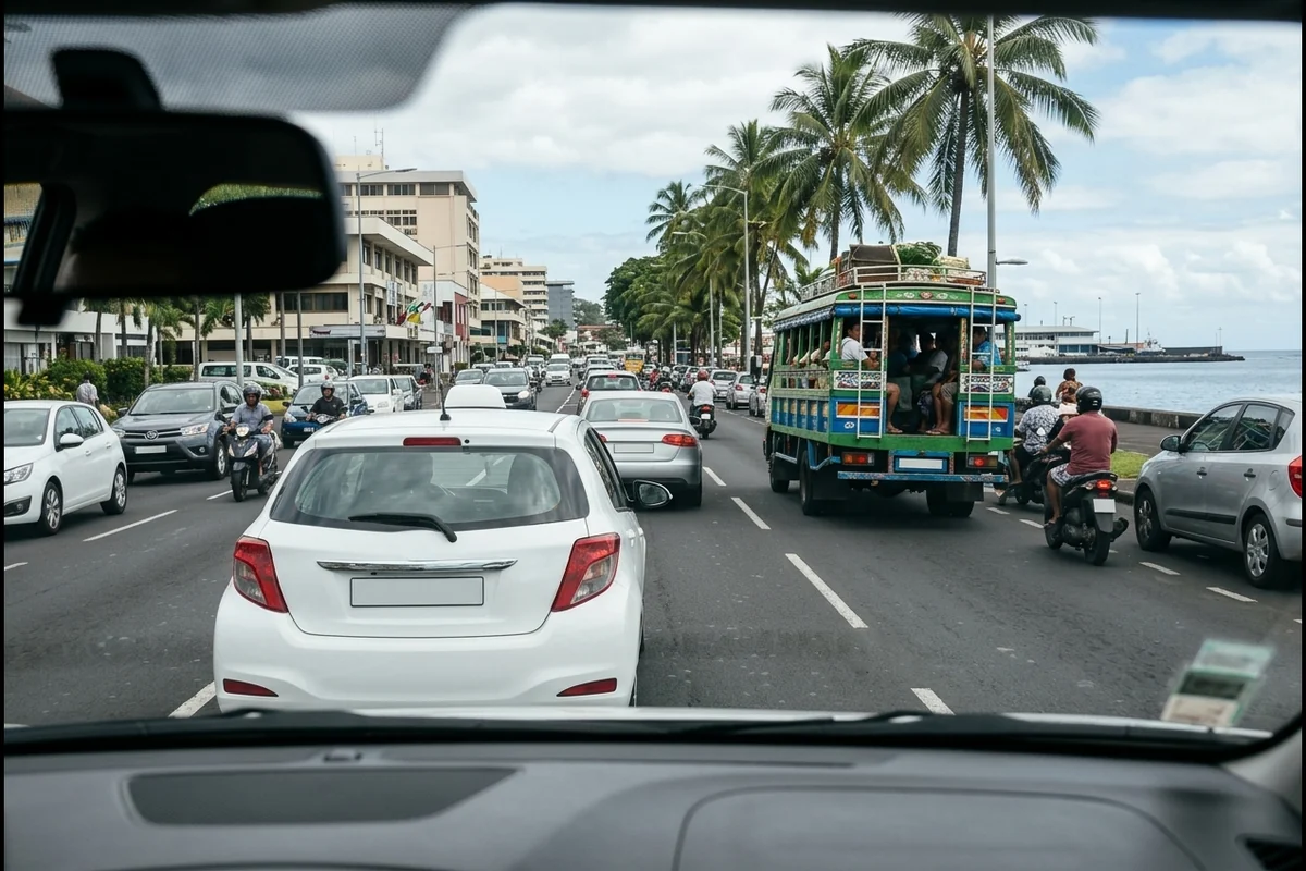Circulation sur le front de mer de Papeete, filmée nettement à travers le pare brise