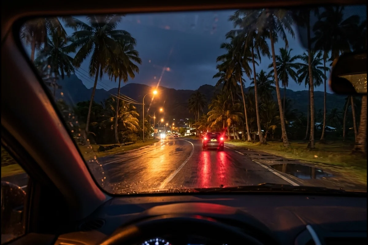 Route de Tahiti de nuit après la pluie, vue à travers le pare brise