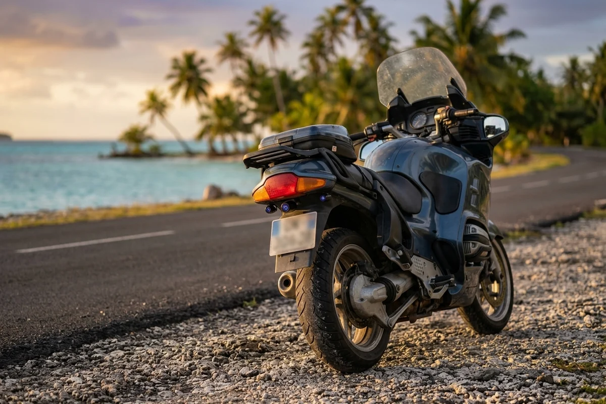 Moto garée au bord du lagon à Tahiti, avec la caméra arrière de la dashcam sous le feu