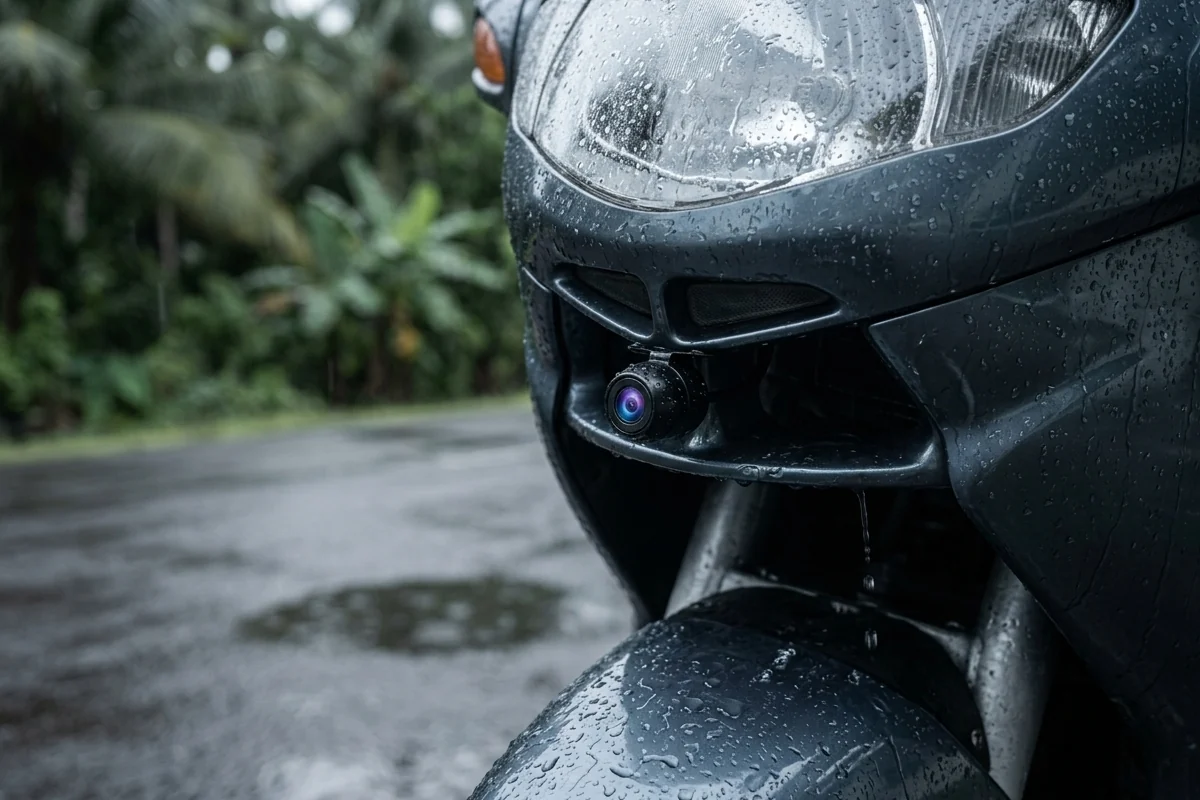 Caméra avant de la dashcam moto couverte de gouttes de pluie sous une averse tropicale