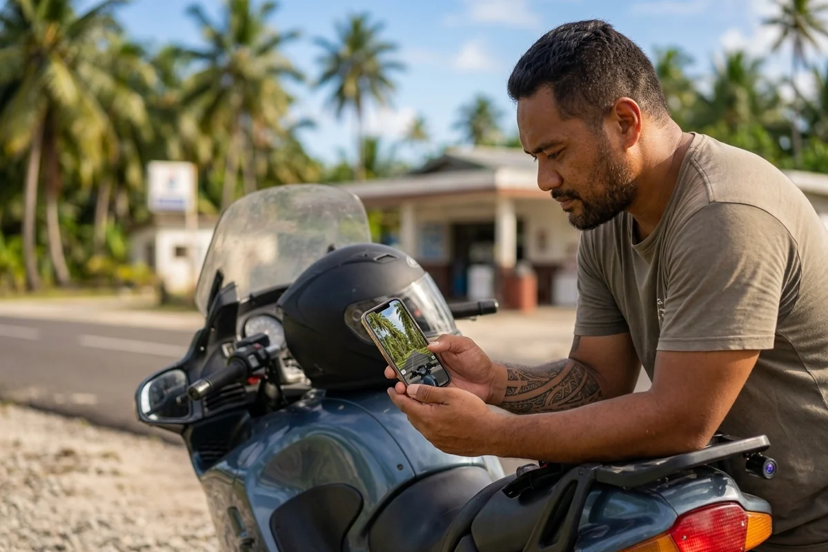 Motard qui regarde sur son téléphone la vidéo filmée par sa dashcam moto