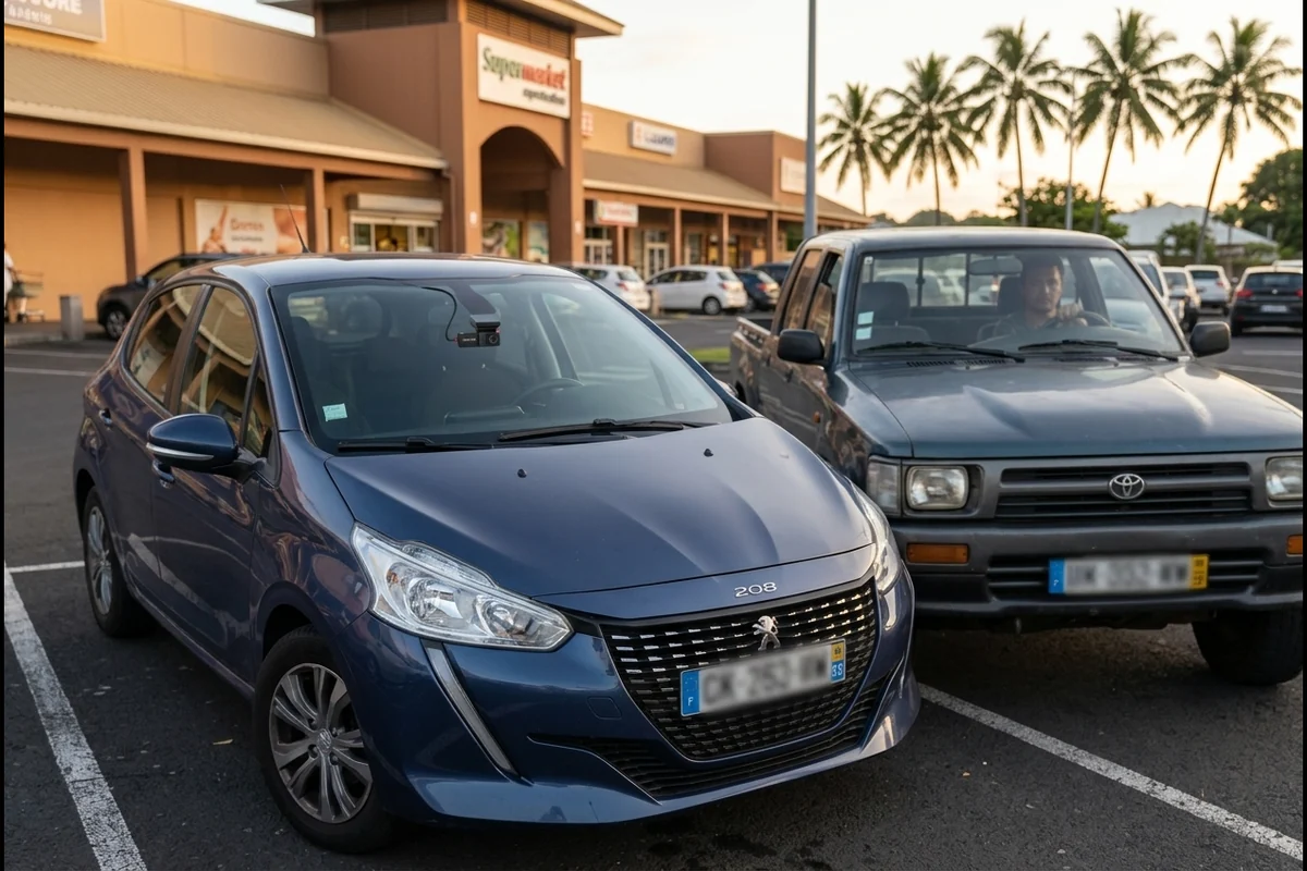 Dashcam fixée derrière le pare brise d'une voiture garée sur un parking à Tahiti, pendant qu'un pick up manœuvre à côté