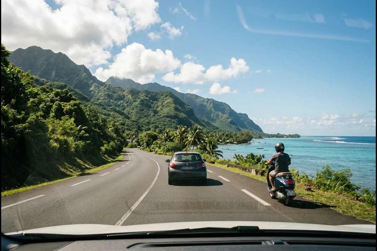 Vue nette et grand angle de la route de ceinture de Tahiti, telle que filmée par la dashcam