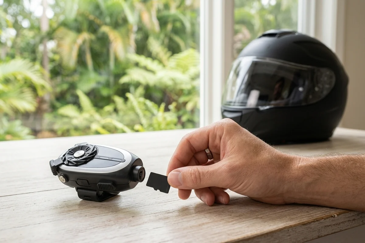 Main qui glisse une carte microSD dans l'intercom Q29, casque de moto en arrière plan