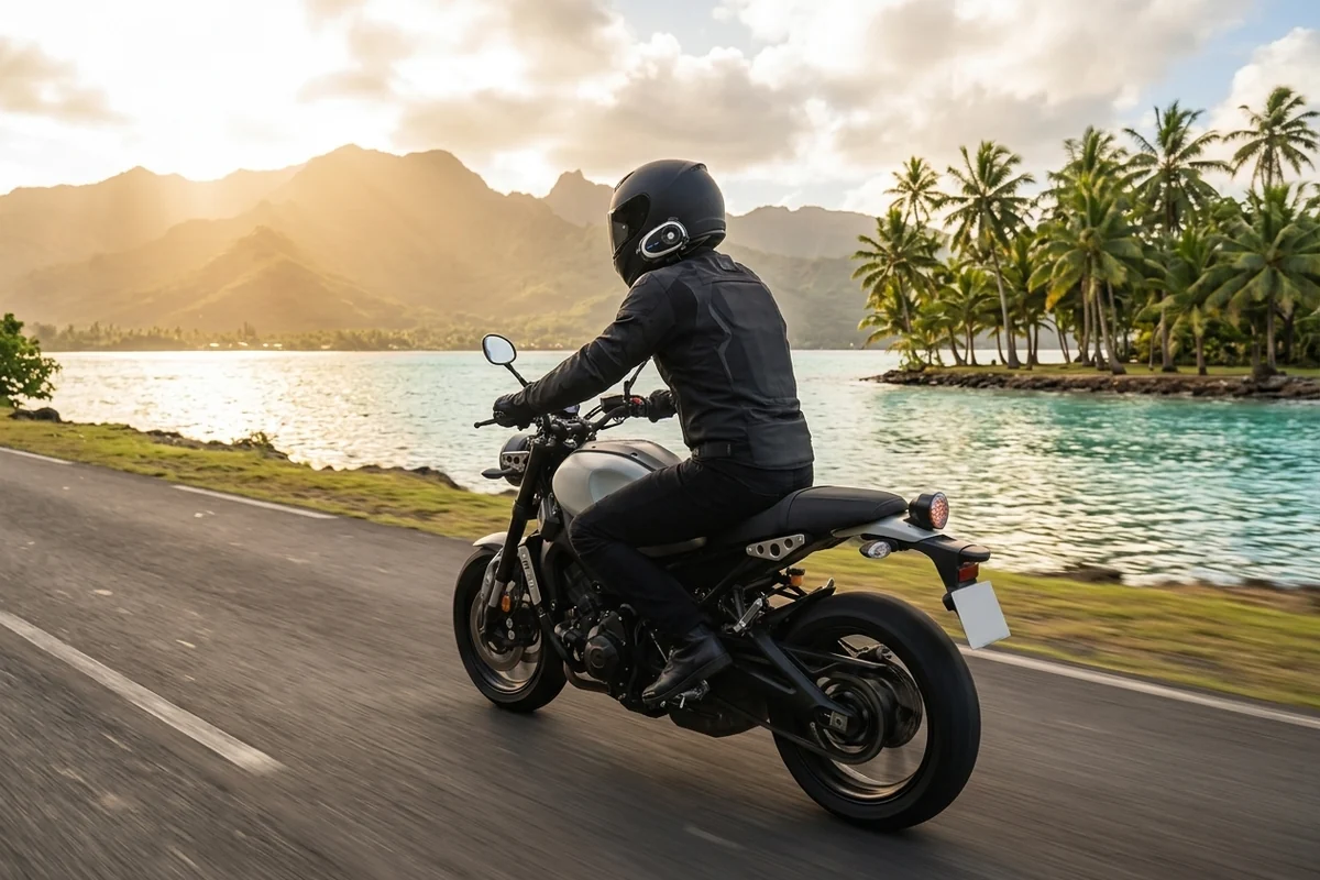 Motard sur la route de ceinture de Tahiti, intercom Q29 avec caméra fixé sur le casque