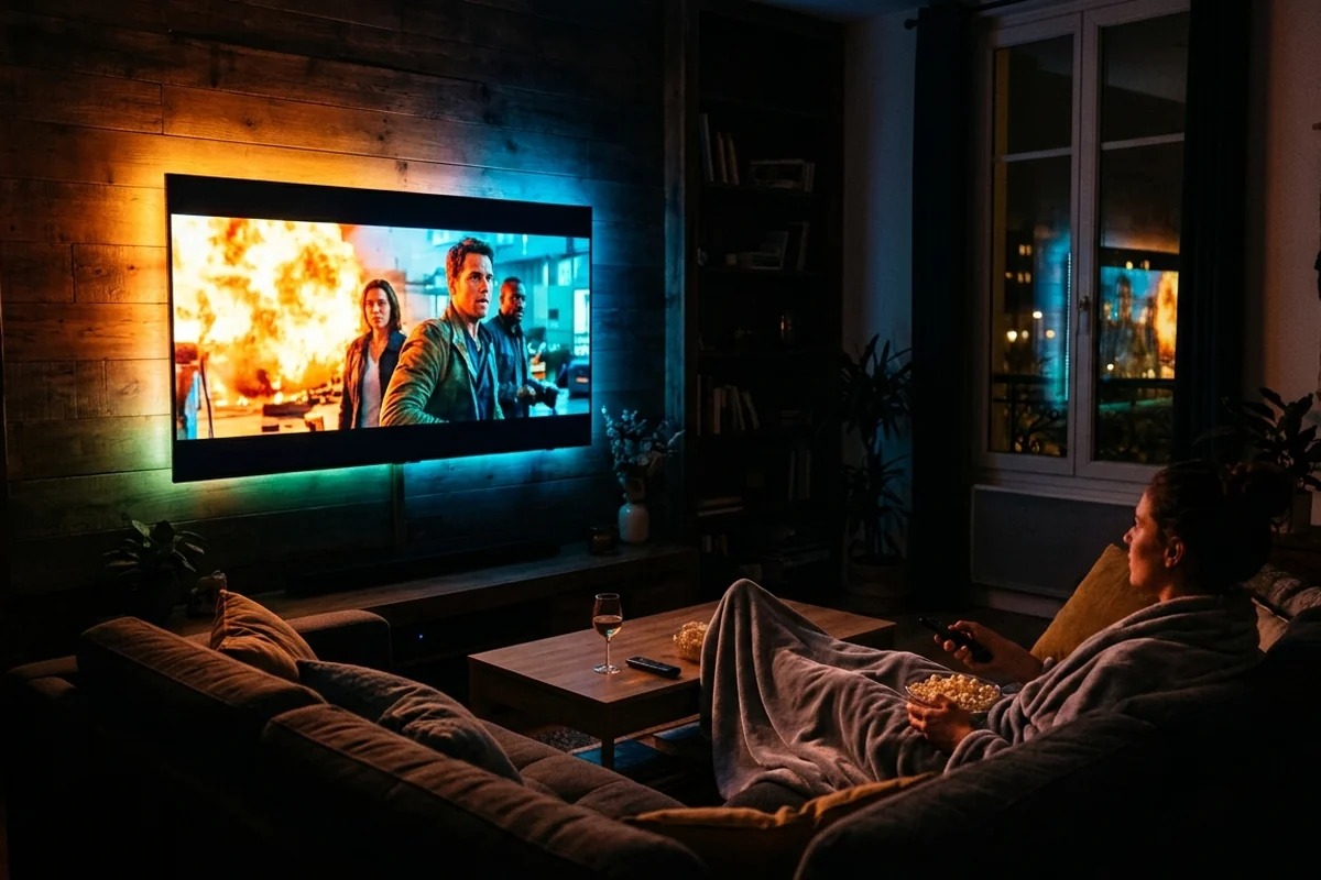 Soirée film dans le salon, le mur derrière la télévision éclairé par le ruban LED