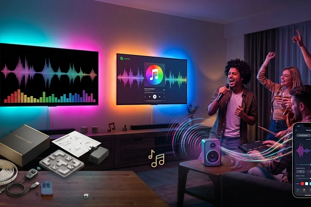 Soirée karaoké entre amis, les LED de la télévision au rythme de la musique
