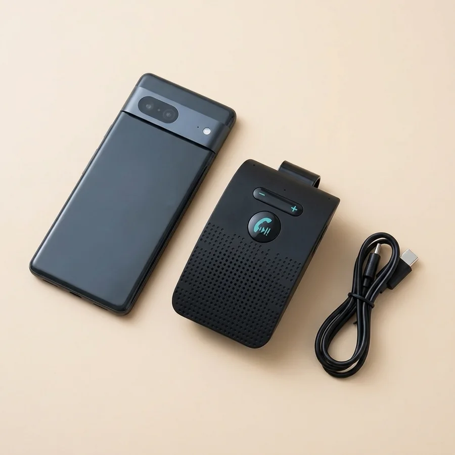 Le kit mains libres posé à côté d'un smartphone, nettement plus court