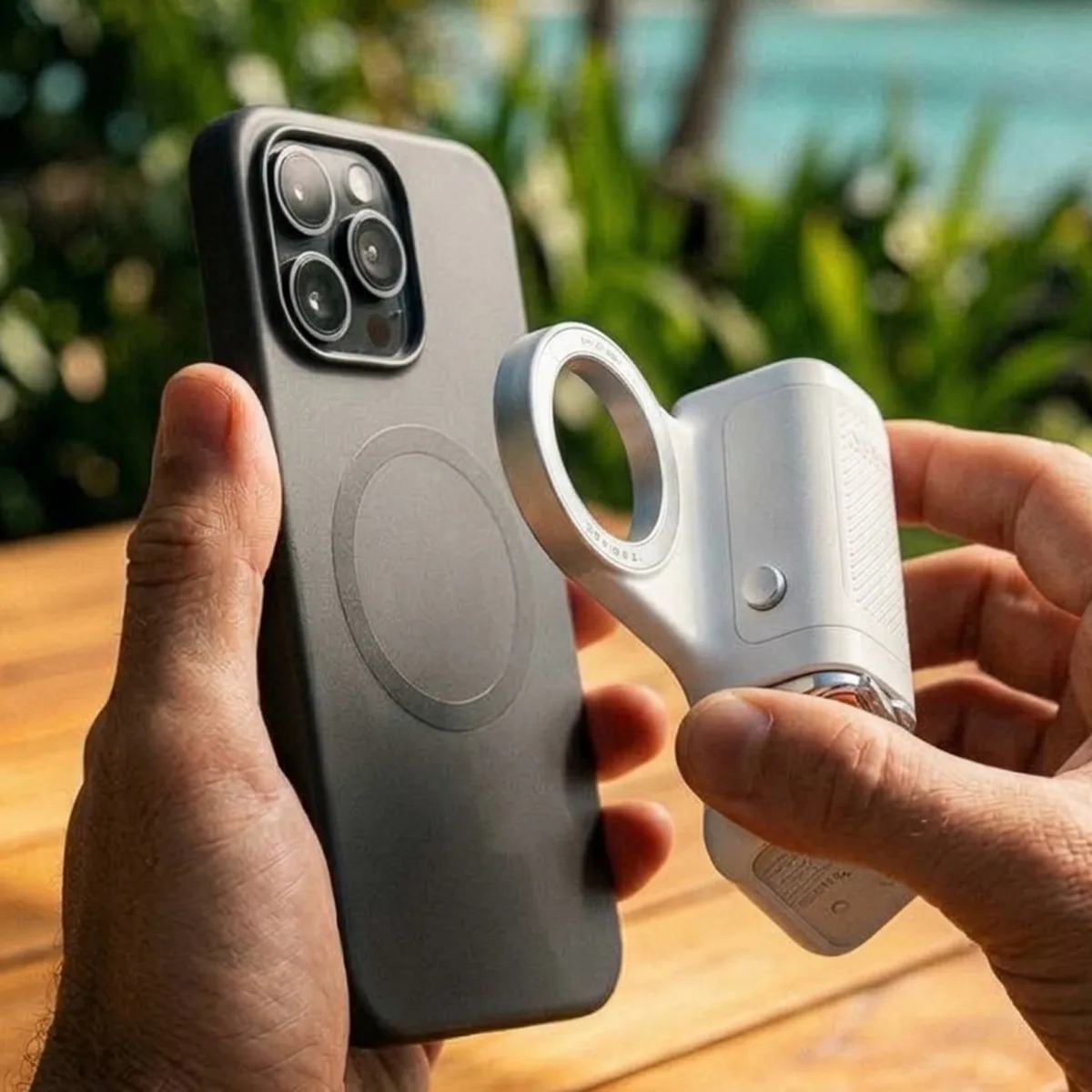 La poignée MOCA s'aimante au dos d'un iPhone compatible MagSafe