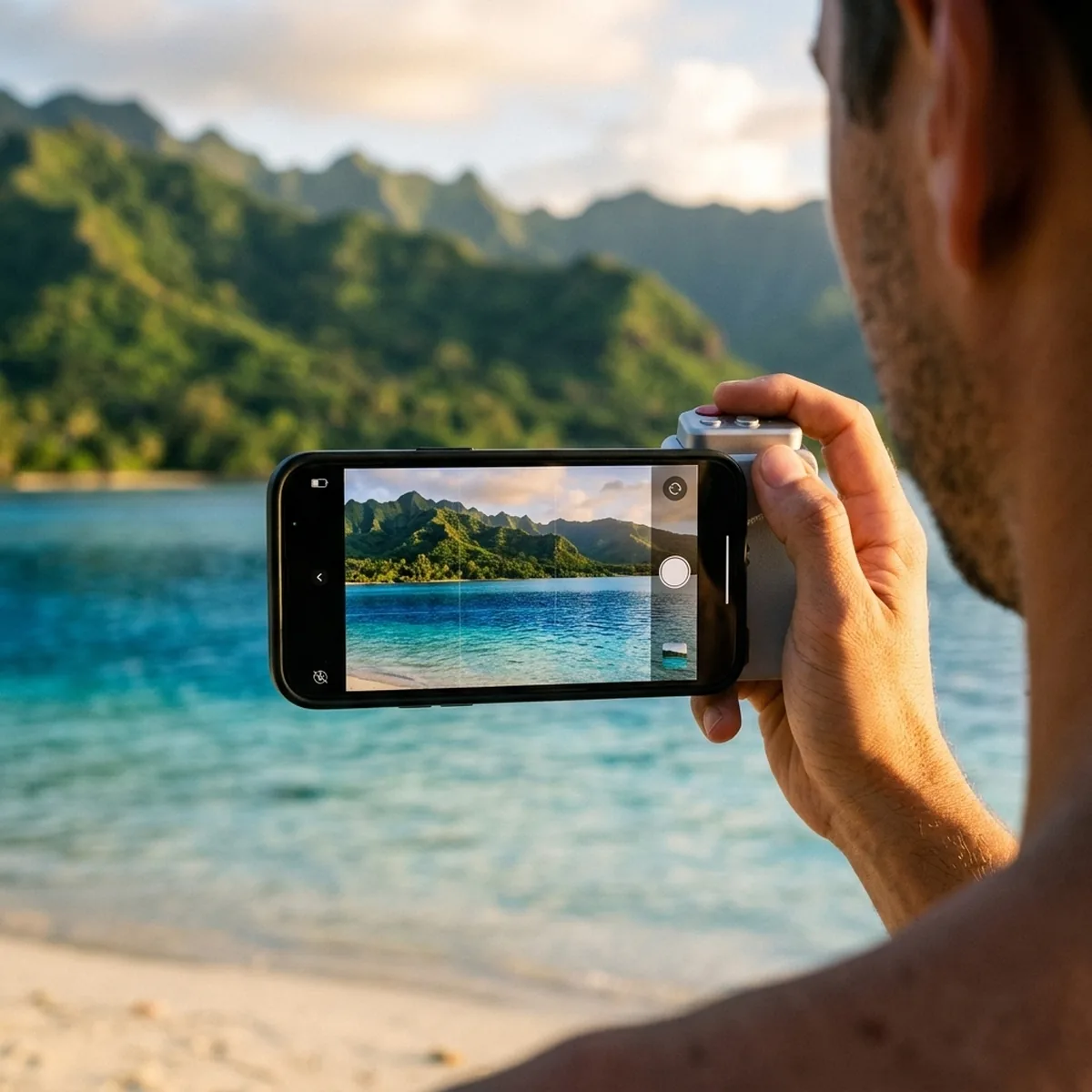 Poignée photo MOCA : un iPhone tenu comme un appareil photo face au lagon