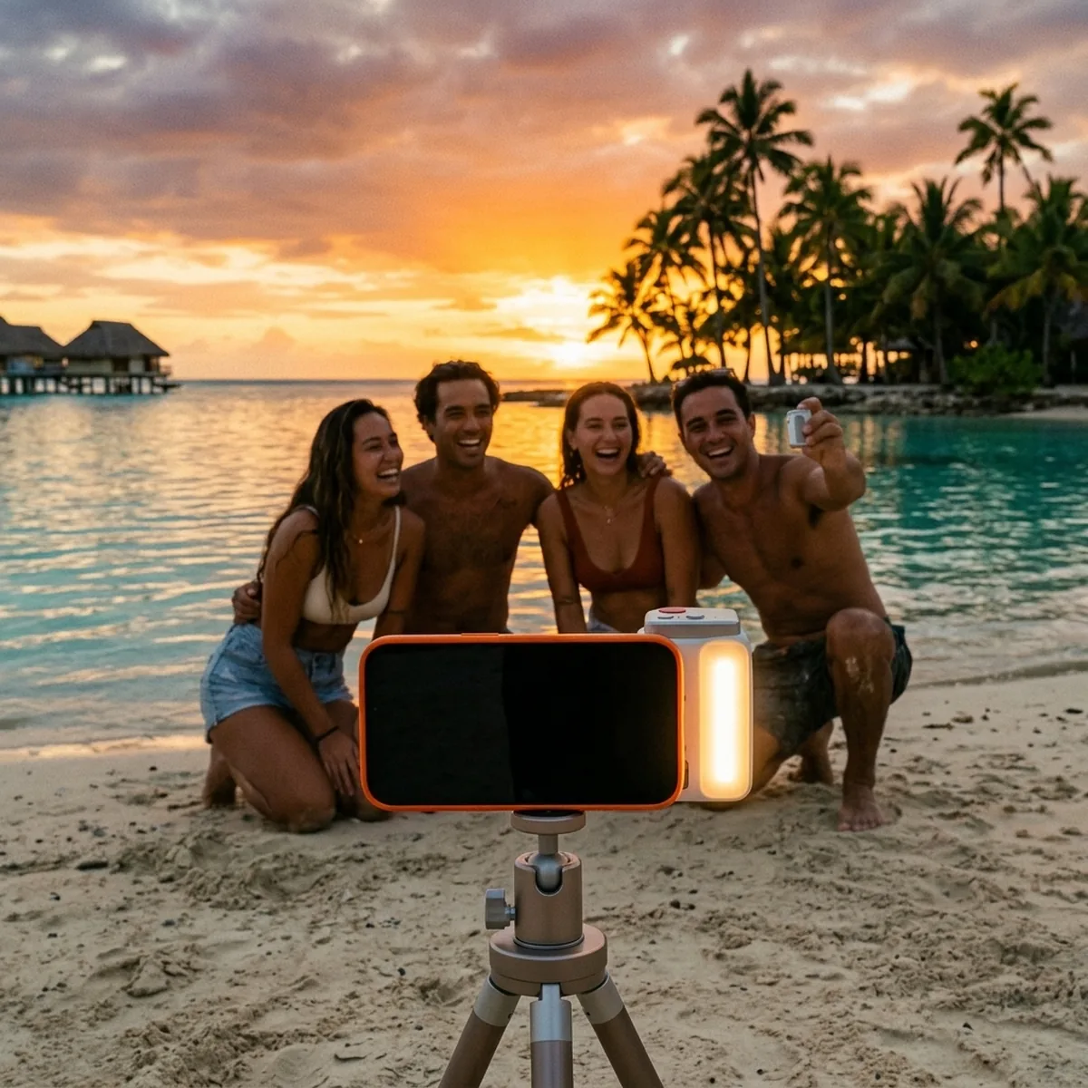 Photo de groupe au coucher du soleil, déclenchée avec la télécommande, lumière LED allumée