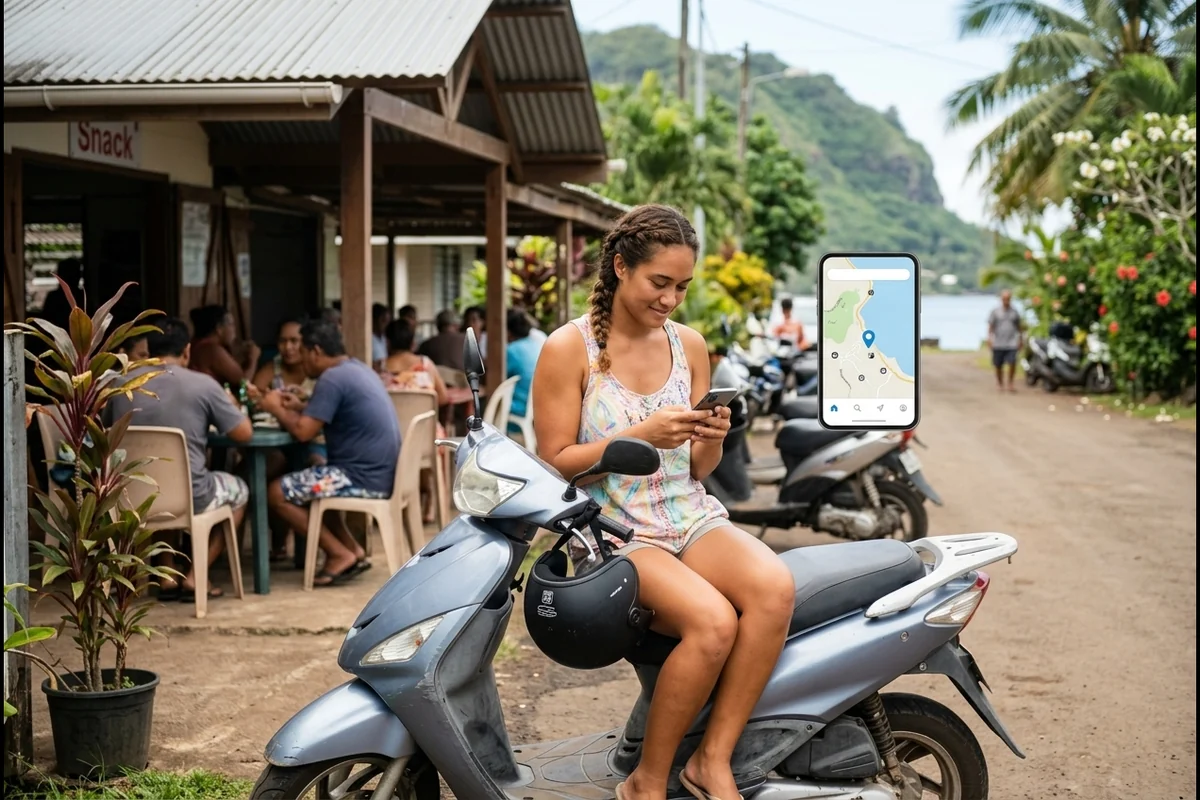 Jeune femme sur son scooter qui suit la position de son véhicule sur l'application