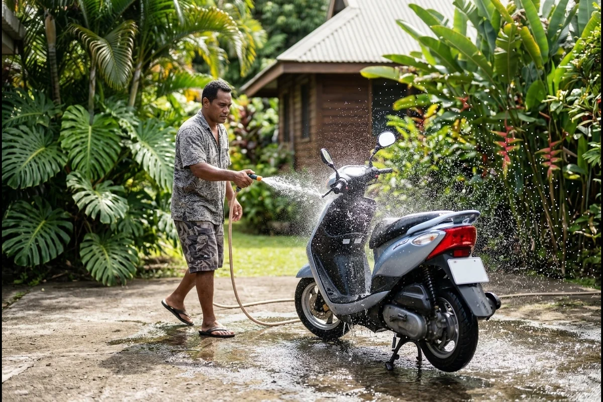 Homme qui lave son scooter au jet d'eau dans sa cour à Tahiti