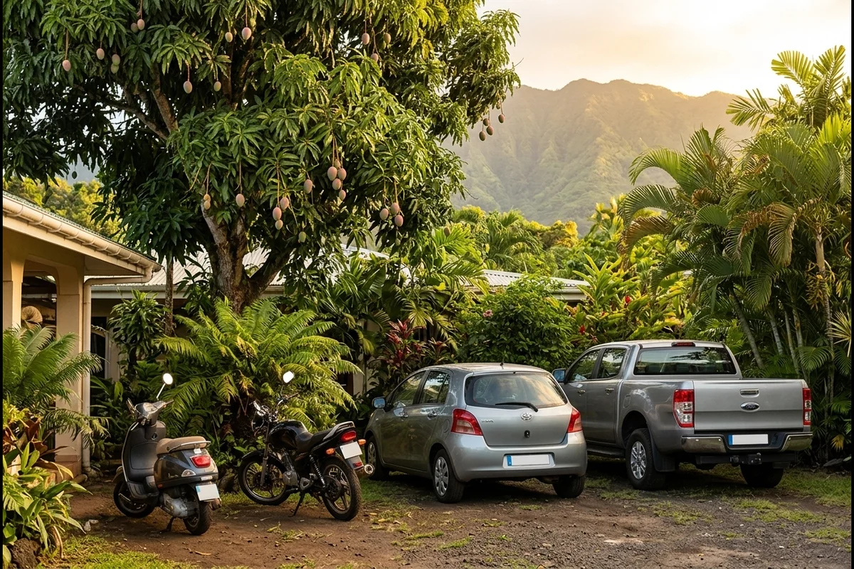 Scooter, moto, voiture et pick up garés dans la cour d'une maison à Tahiti