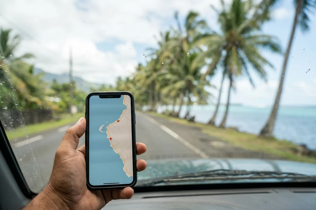 Position du véhicule sur la carte de l'application, sur la route de ceinture à Tahiti