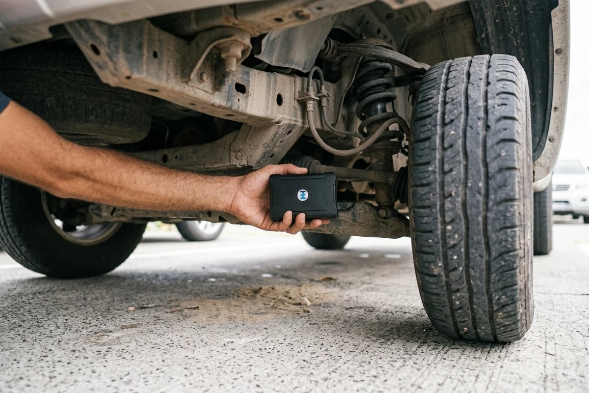 Traceur GPS magnétique posé à la main sous le châssis d'un pick up