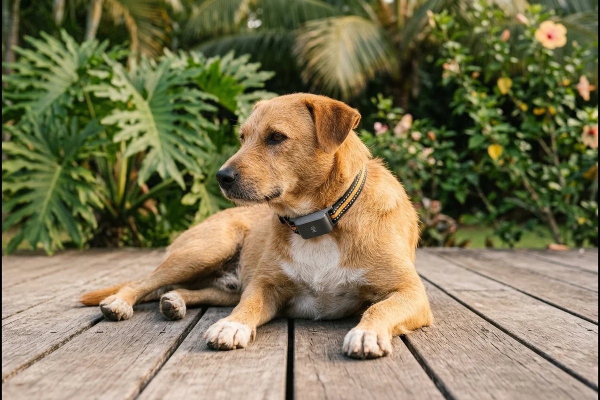 Chien allongé sur une terrasse, avec son traqueur GPS léger au collier