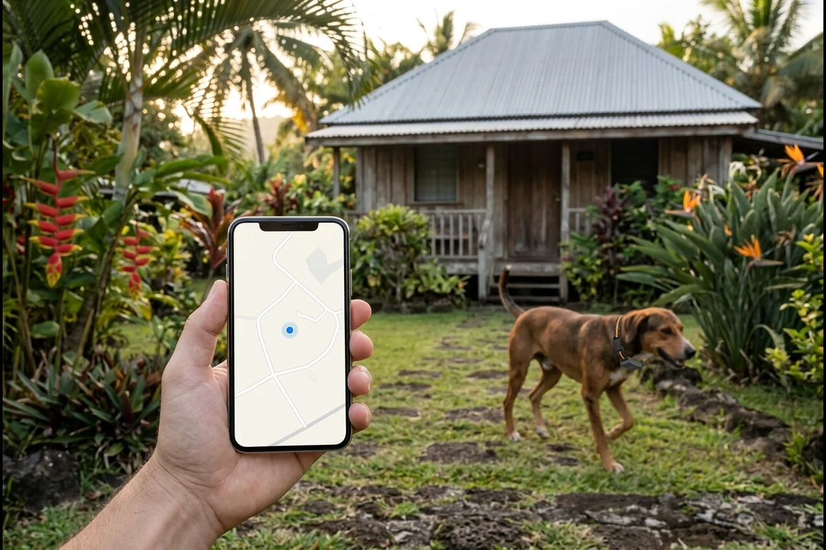 Position du chien affichée sur le téléphone, pendant qu'il se promène dans le jardin avec son collier GPS