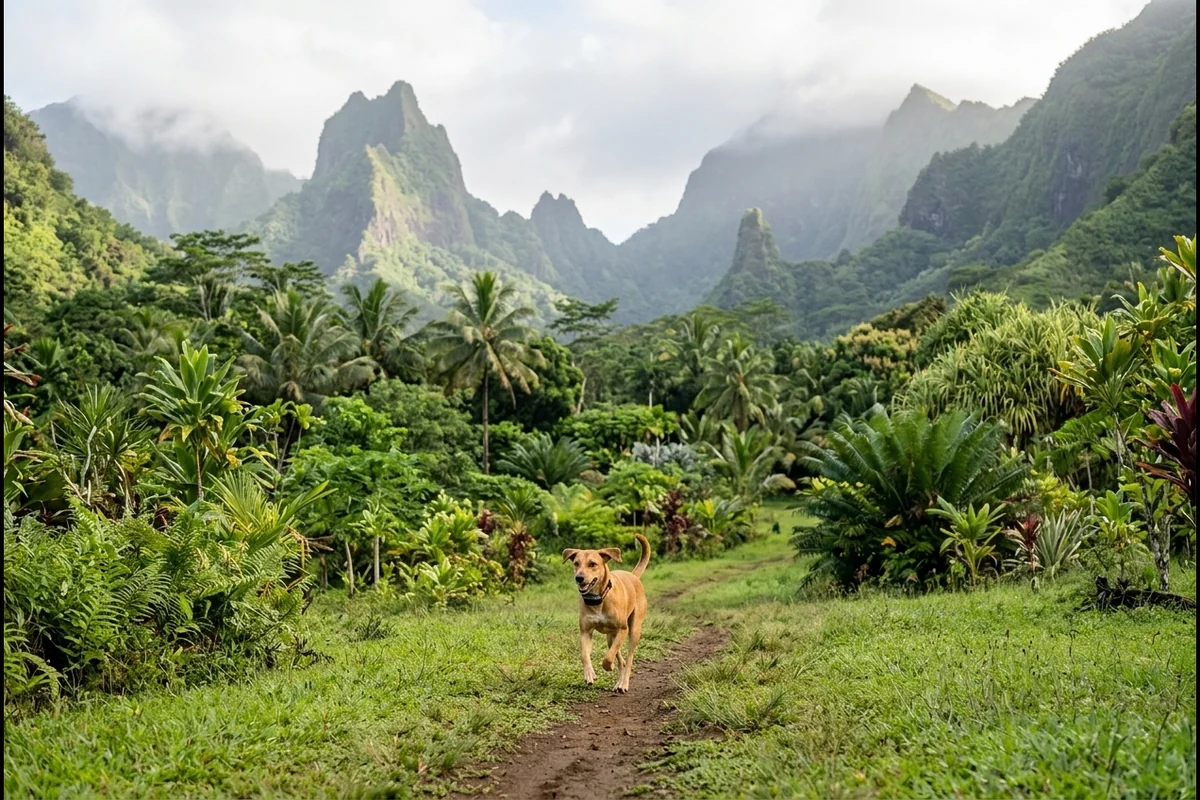 Chien qui court librement dans une vallée de Tahiti avec son collier GPS